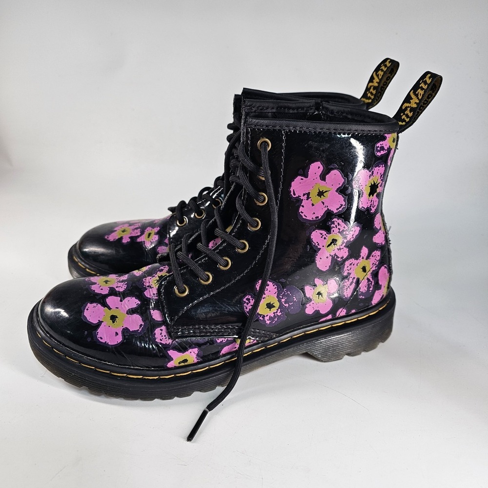 Dr. Martens 1460 J Black Pink Floral Patent Leather Boots Girls 5 Size Zipper